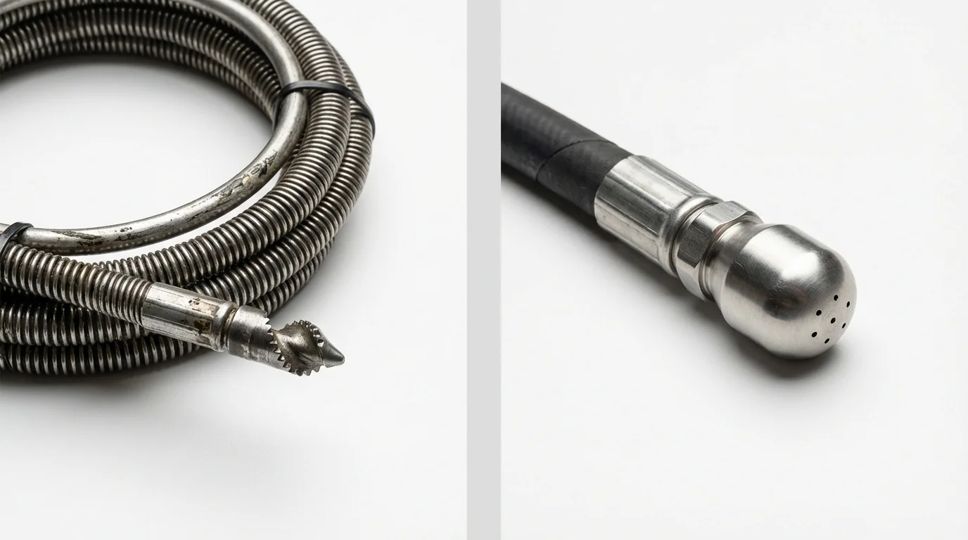Drain snake cable and hydro jetting nozzle used for drain cleaning in New Richmond, OH