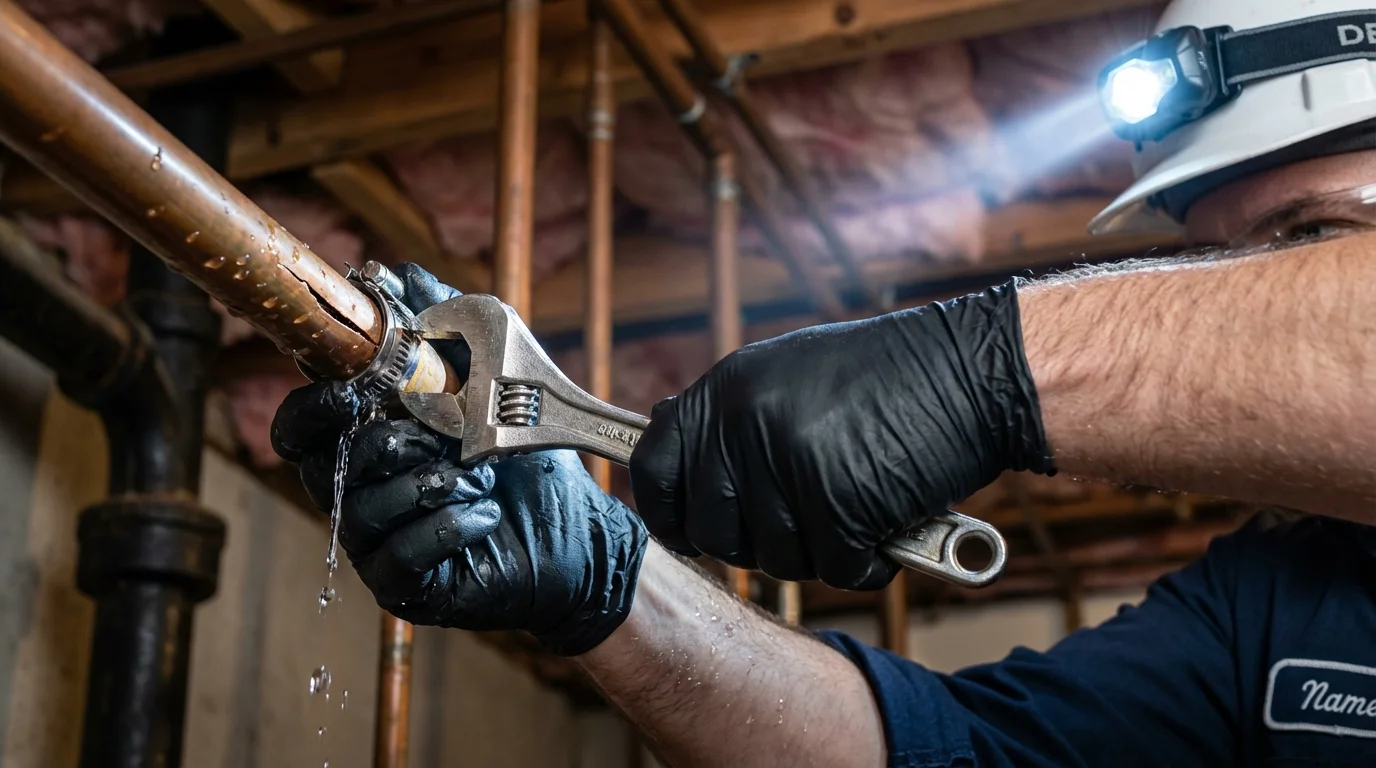 Emergency pipe clamp repair being performed by a Johns Plumbing LLC plumber in New Richmond