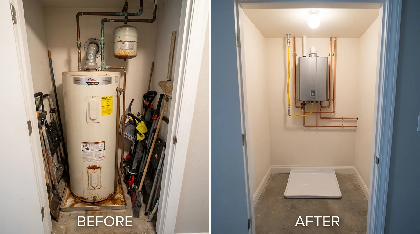 Tank water heater versus wall-mounted tankless unit comparison for New Richmond, OH homeowners