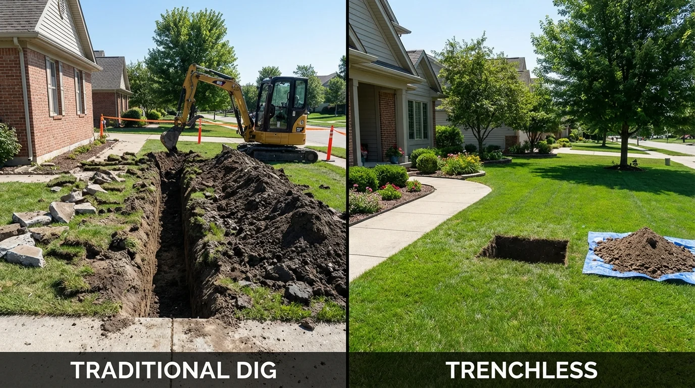 Trenchless sewer repair with minimal yard damage versus traditional excavation in New Richmond, OH