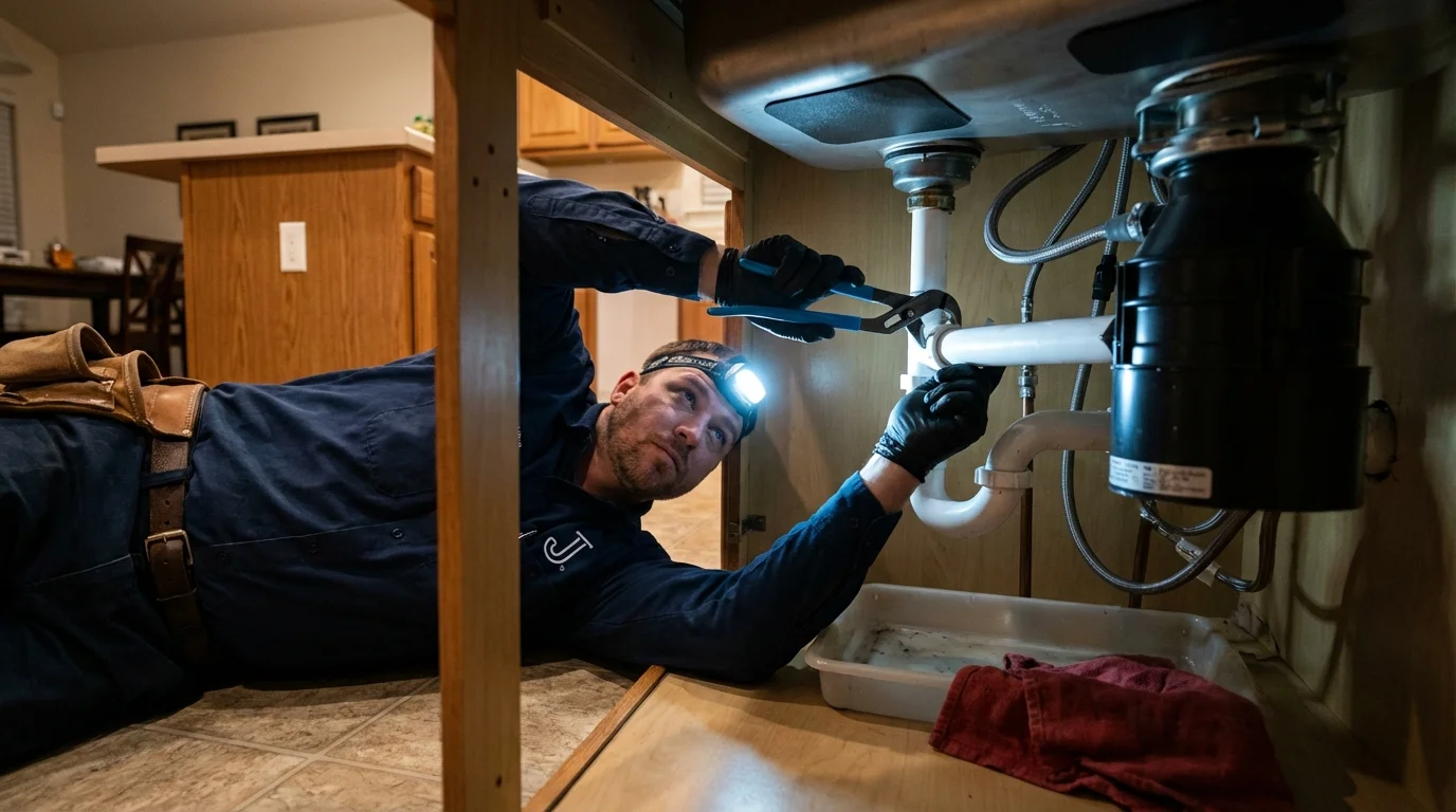 P-trap and supply line connections under a kitchen sink showing a common leak point in New Richmond, OH